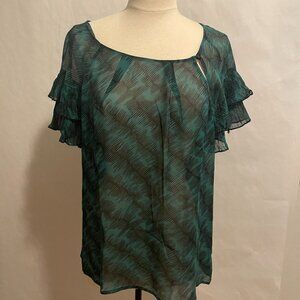 Banana Republic Green & Black Sheer Blouse with Ruffle Sleeves Women's Size XL